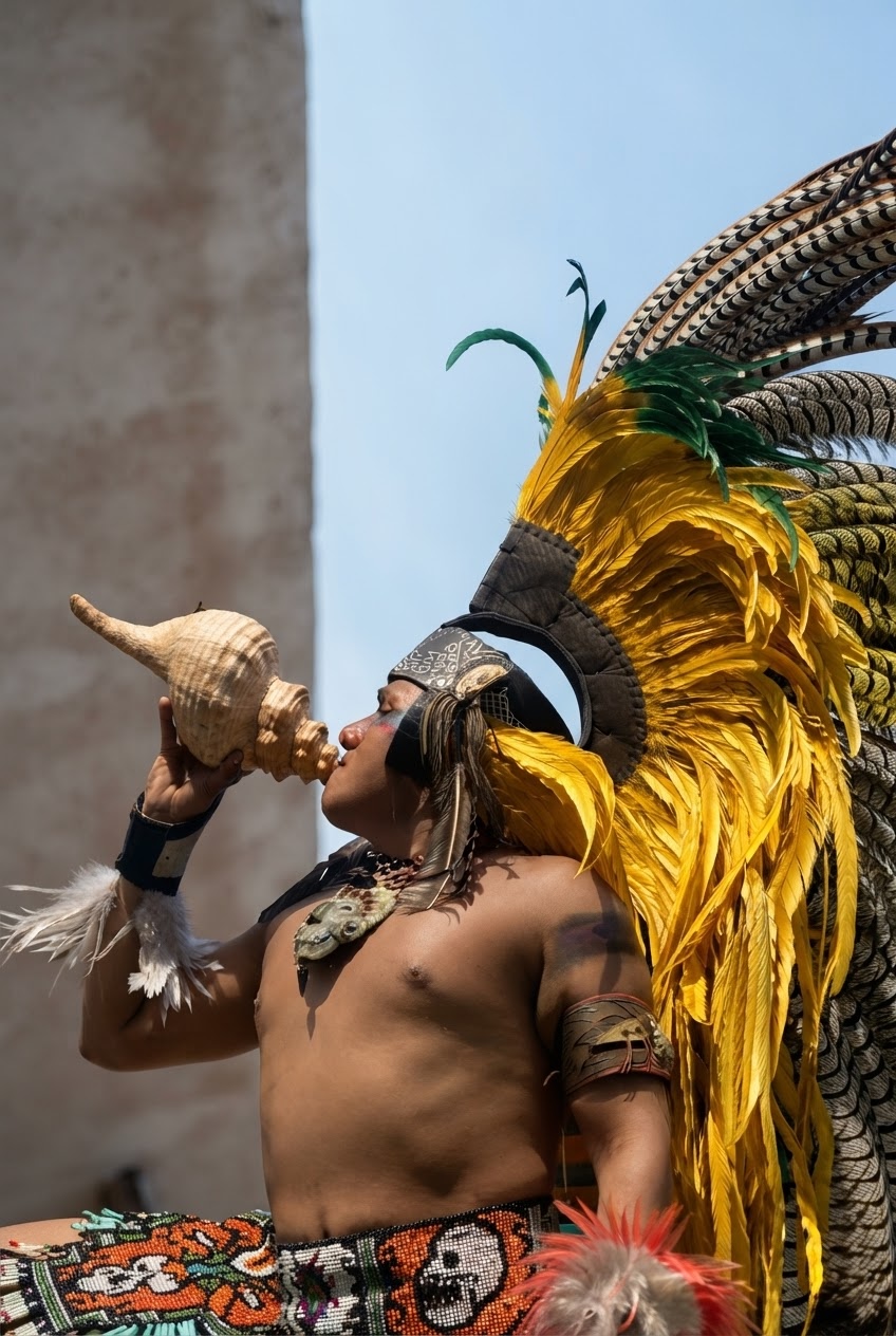 Danzante con penacho durante una ceremonia prehispánica